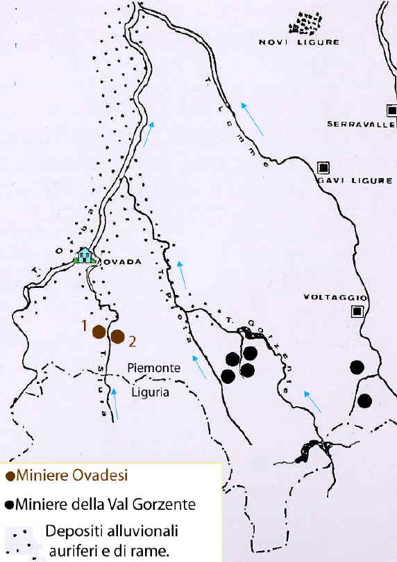 Localizzazione miniere d'oro ovadesi e della Val Gorzente